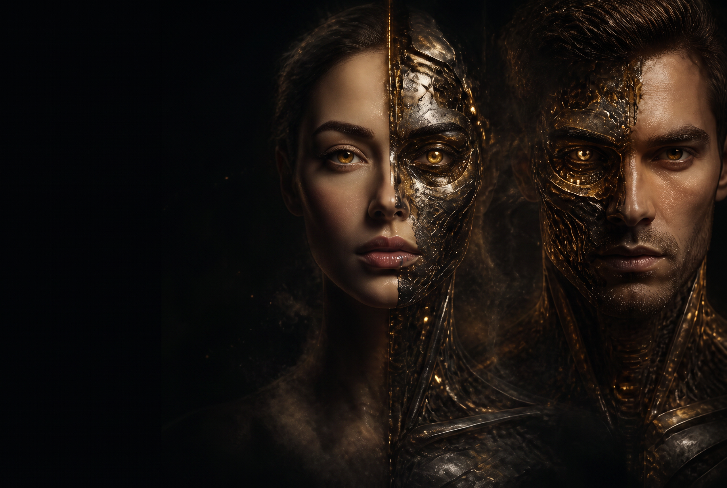 Half-human half-machine cyborg portrait, noir gold-chrome